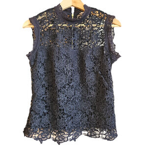 Nanette Lepore Crochet Lace Top High Neck Sleeveless Navy Women's Small